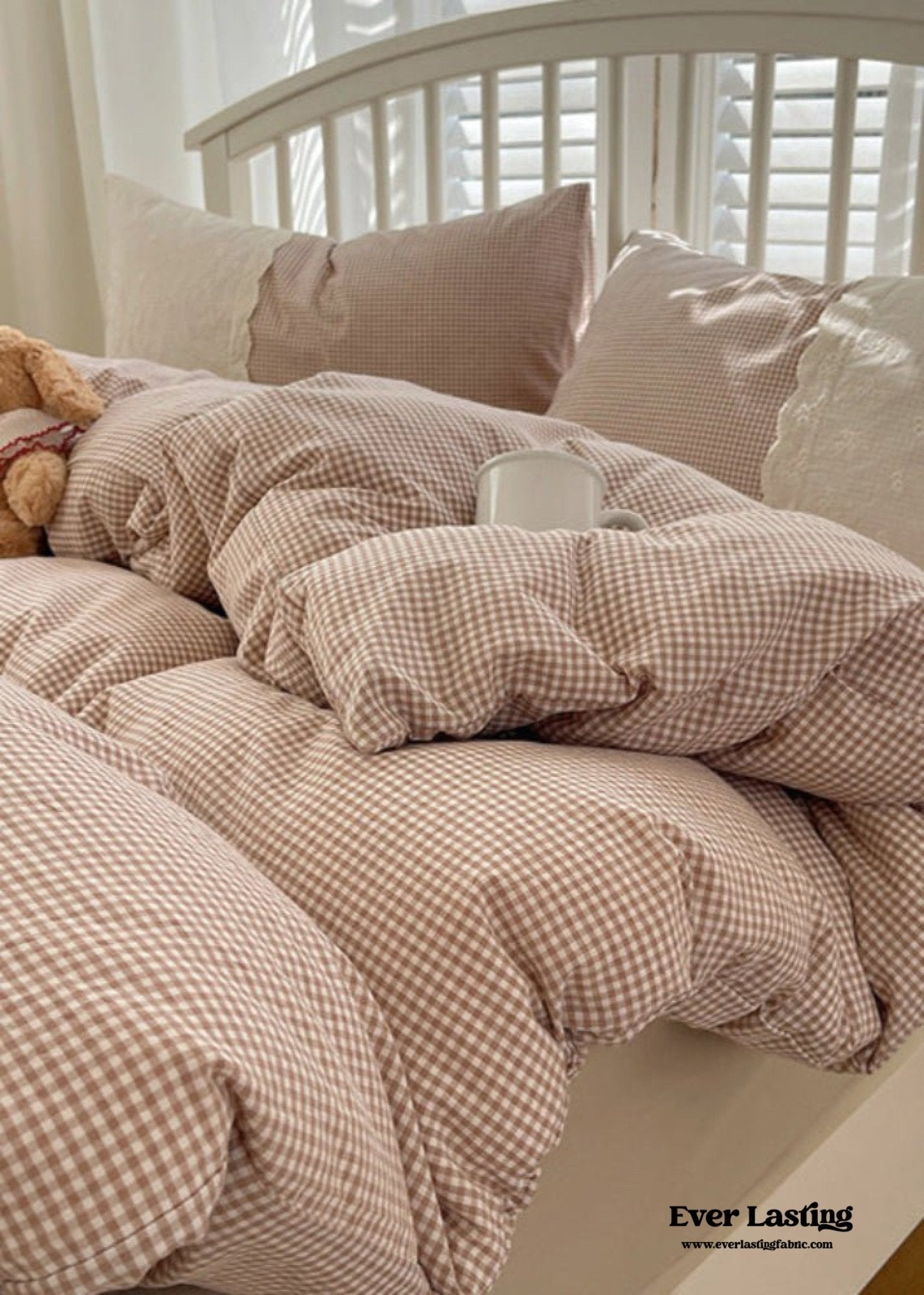 Sophia Gingham Lace Washed Cotton Bedding Set / Pink
