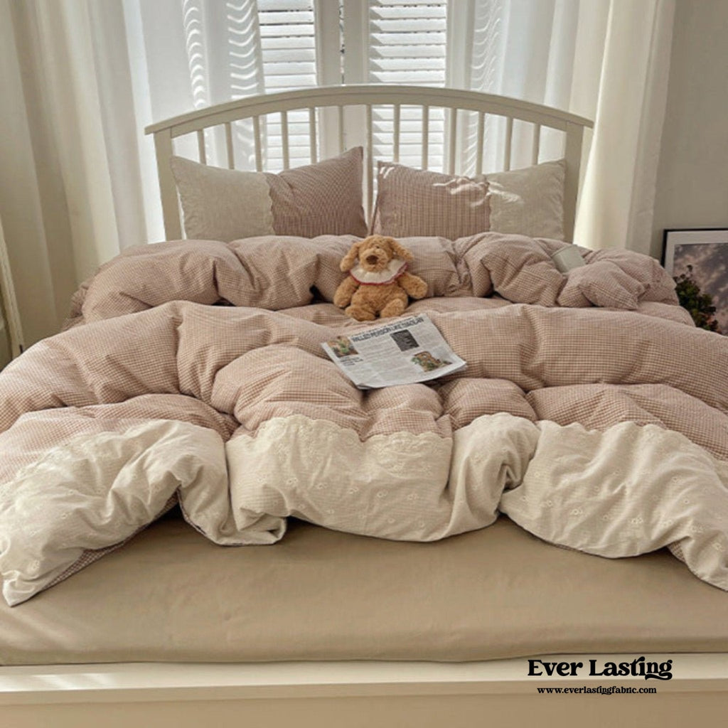 Sophia Gingham Lace Washed Cotton Bedding Set / Pink