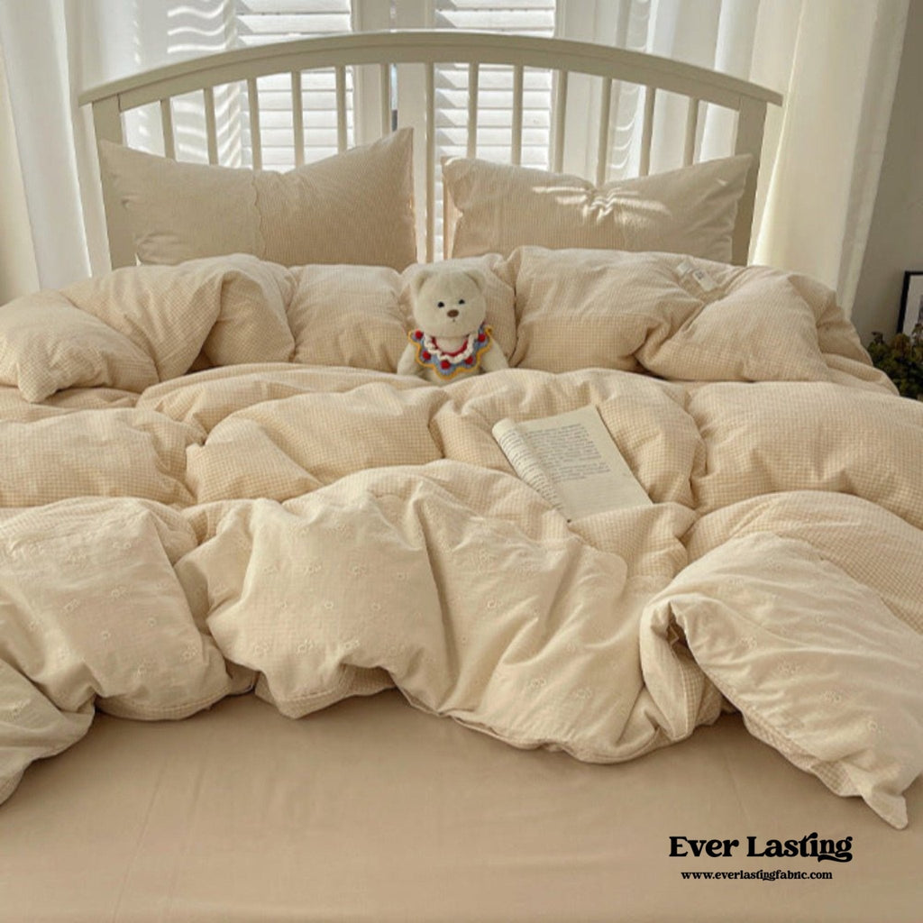 Sophia Gingham Lace Washed Cotton Bedding Set / Pink