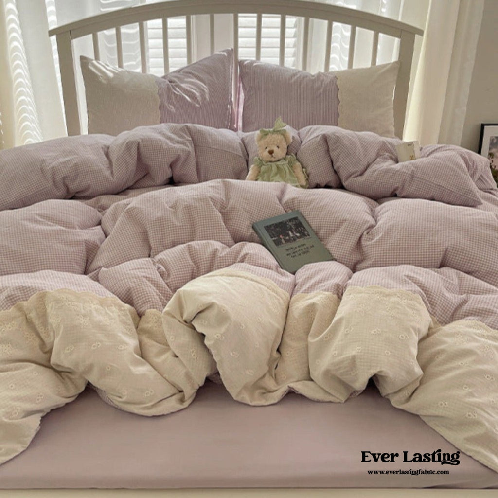 Sophia Gingham Lace Washed Cotton Bedding Set / Pink
