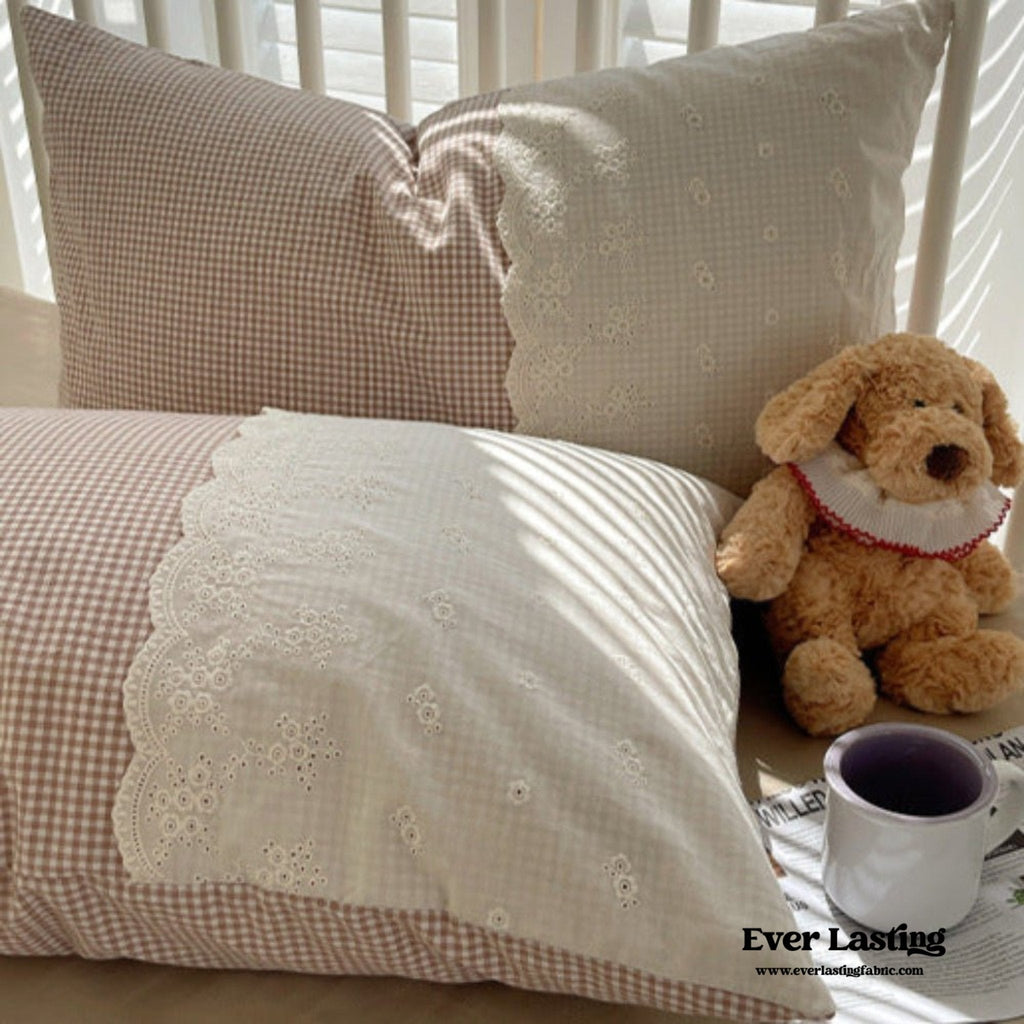 Sophia Gingham Lace Washed Cotton Bedding Set / Pink