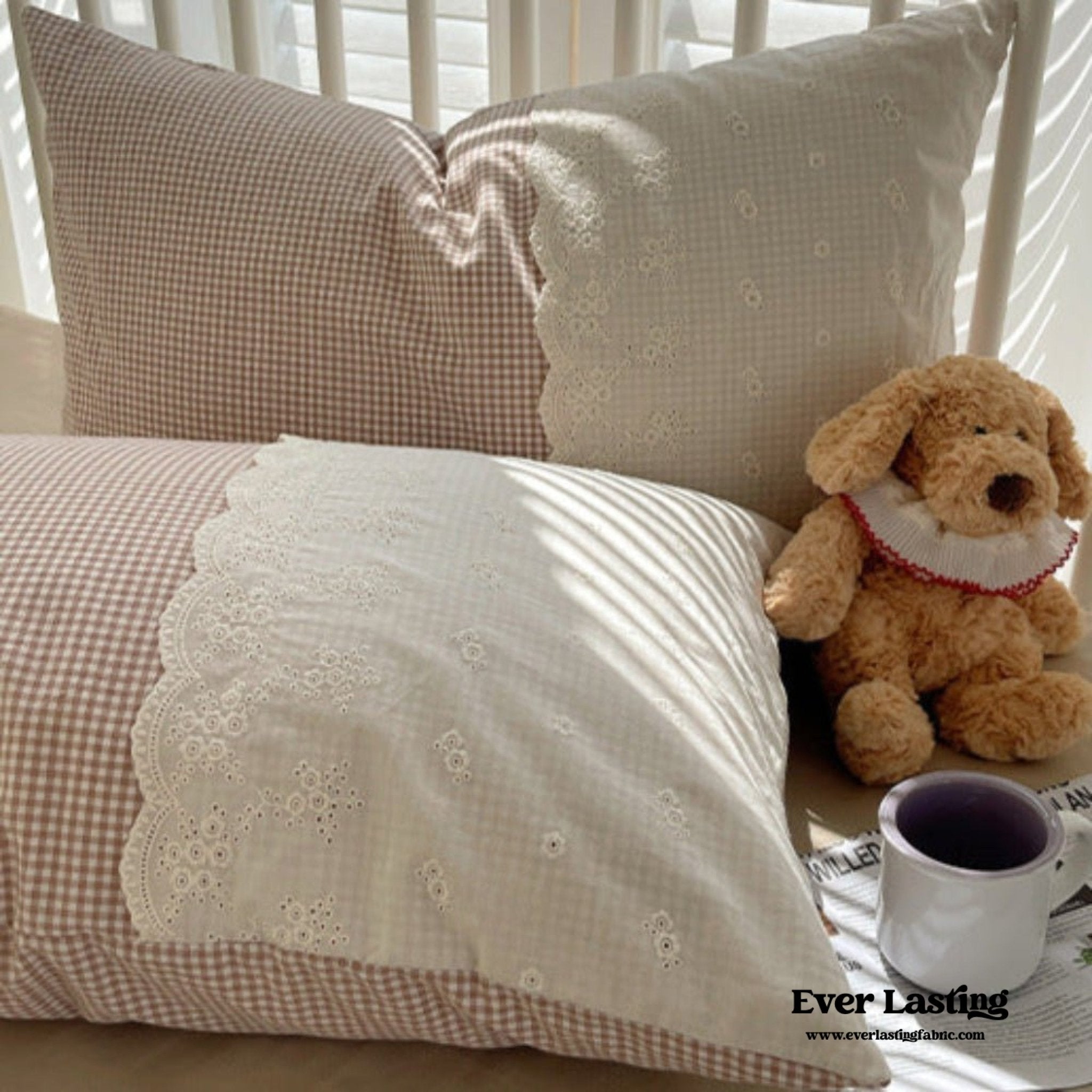 Sophia Gingham Lace Washed Cotton Bedding Set / Pink