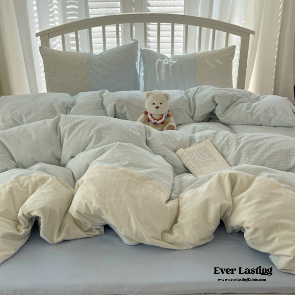 Sophia Gingham Lace Washed Cotton Bedding Set / Pink