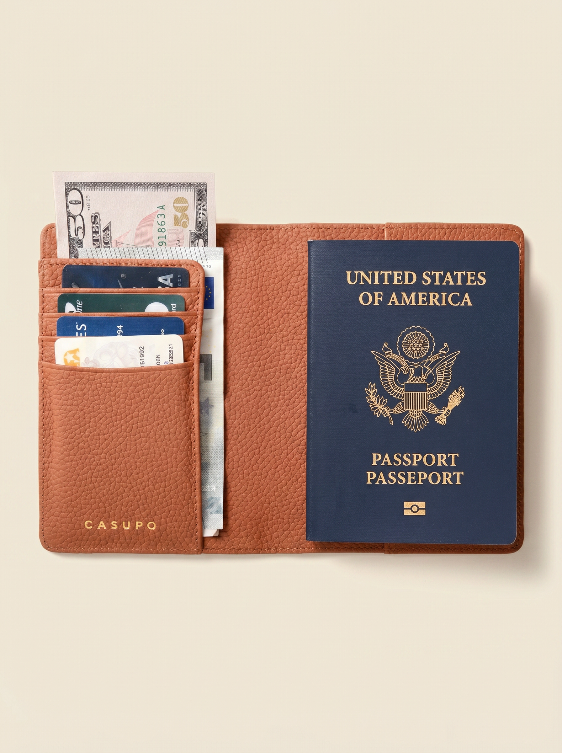 Leather Passport Wallet with RFID - Tan