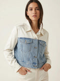 Express Satin Pieced Cropped Denim Jacket, Size Large