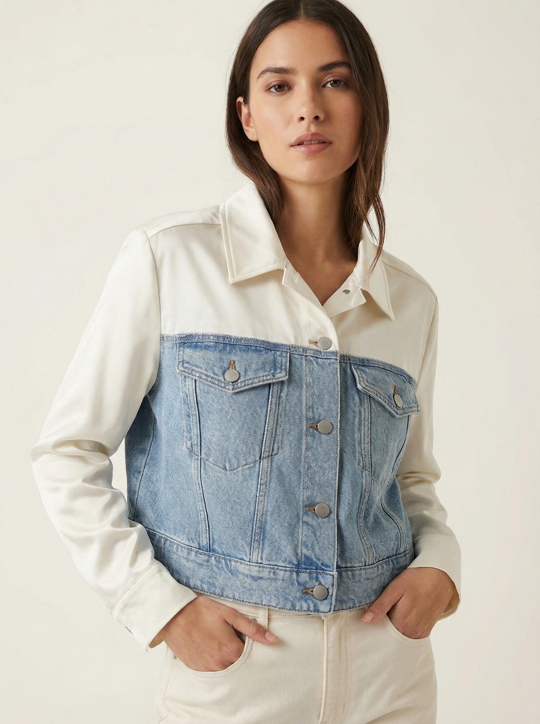 Express Satin Pieced Cropped Denim Jacket, Size Large