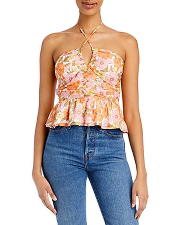Aqua Retro Floral Halter Top, Size Medium