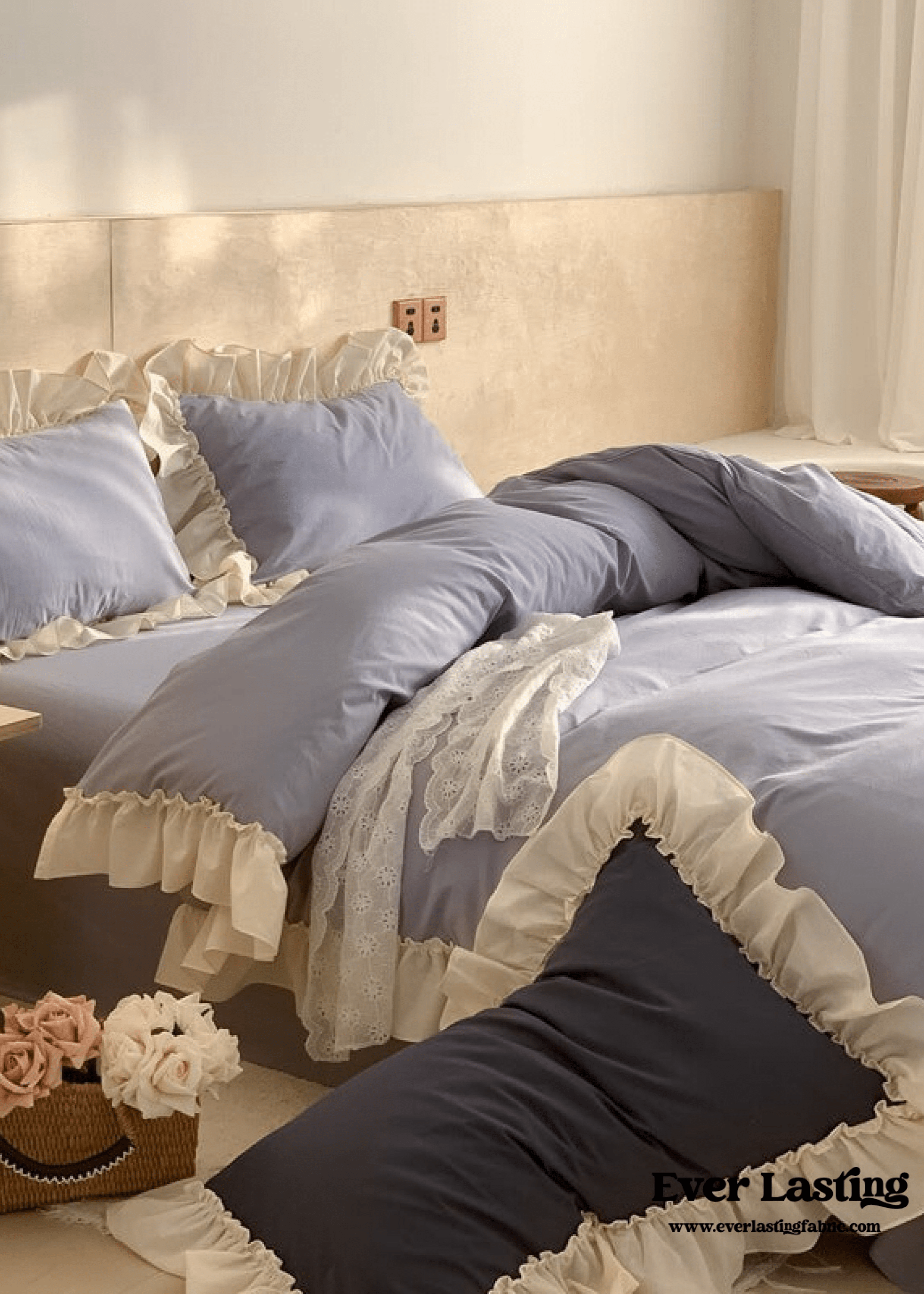 Vintage Earth Tone Large Ruffle Bedding Set / Royal Blue