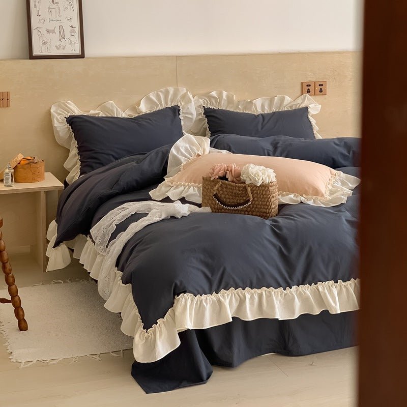 Vintage Earth Tone Large Ruffle Bedding Set / Royal Blue