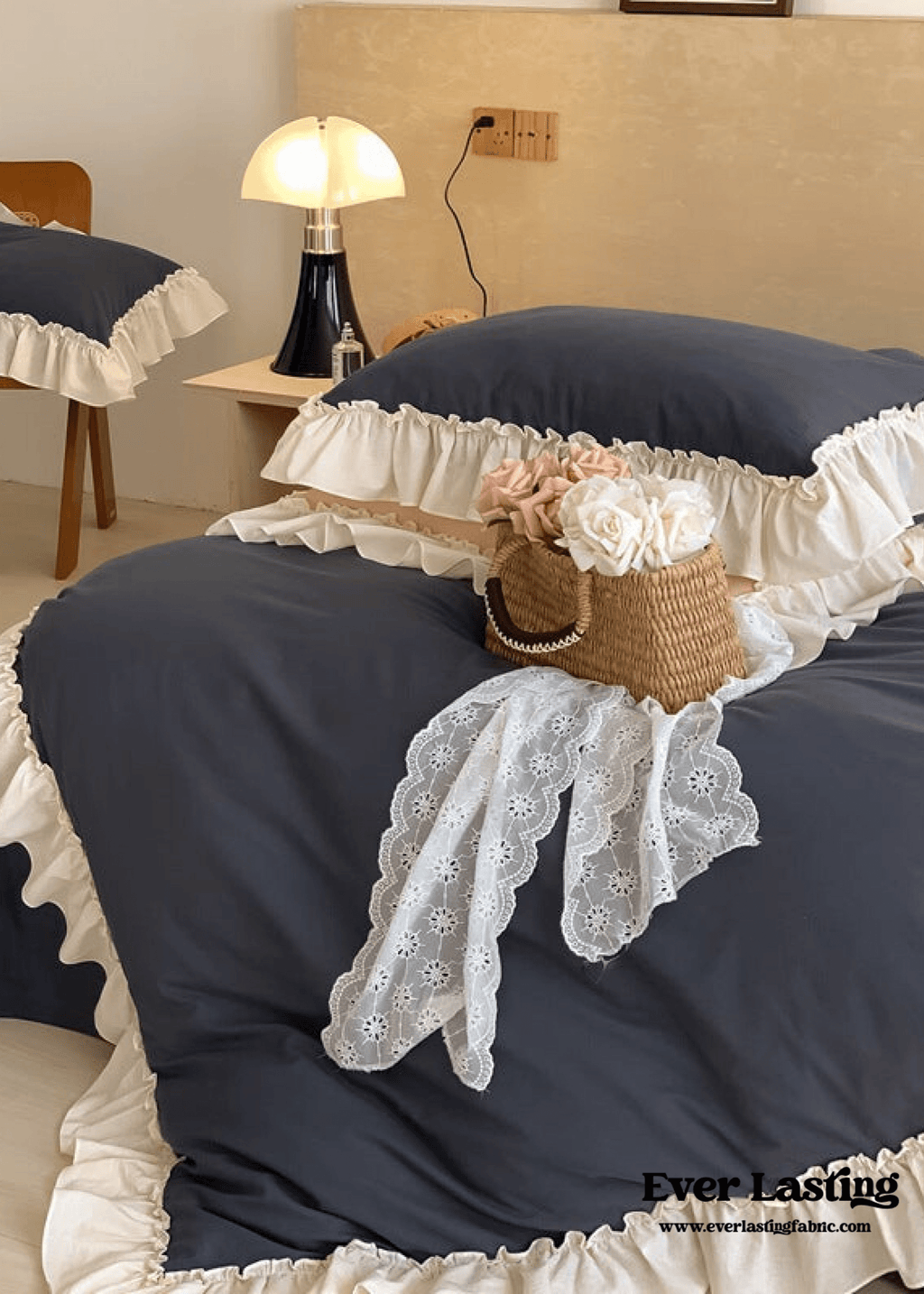 Vintage Earth Tone Large Ruffle Bedding Set / Royal Blue