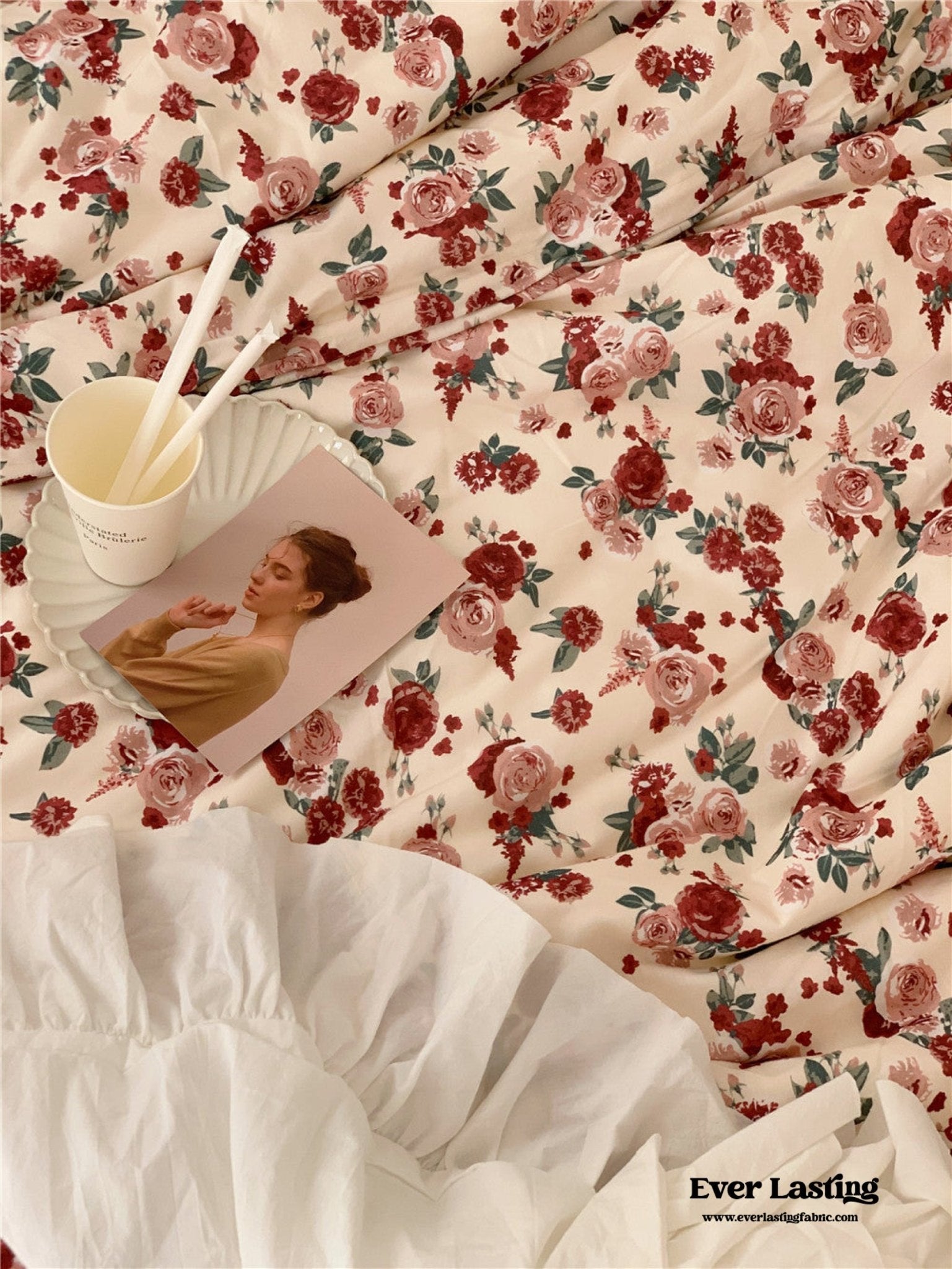 Vintage Floral Jersey Knit Bedding Set / Maroon Red