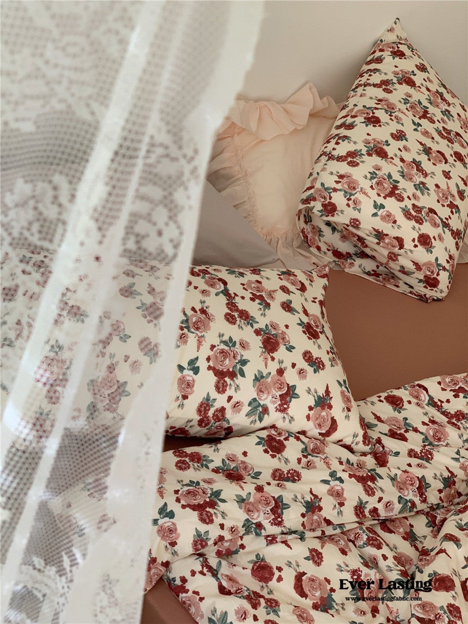 Vintage Floral Jersey Knit Bedding Set / Maroon Red