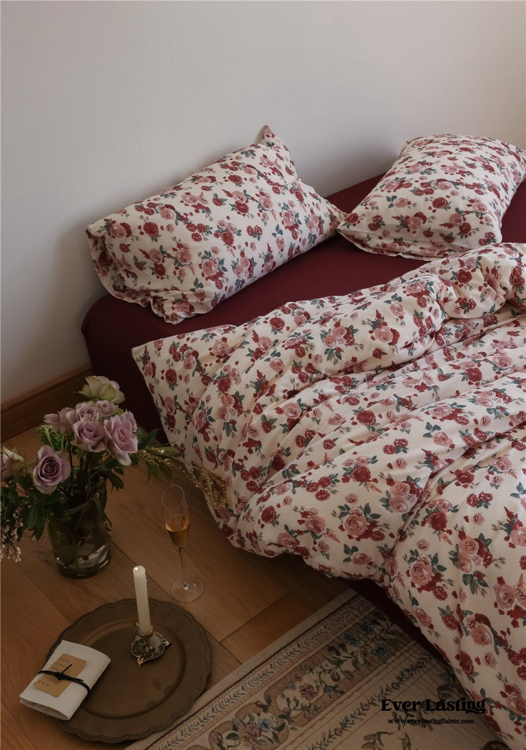 Vintage Floral Jersey Knit Bedding Set / Rust Pink