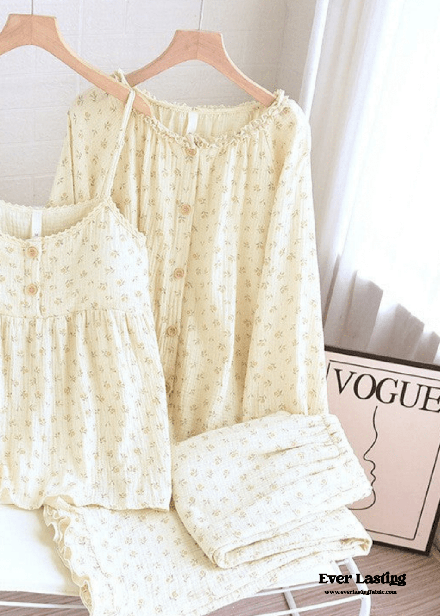 Vintage Floral Tank Cardigan and Long Pants Pajama Set / Yellow