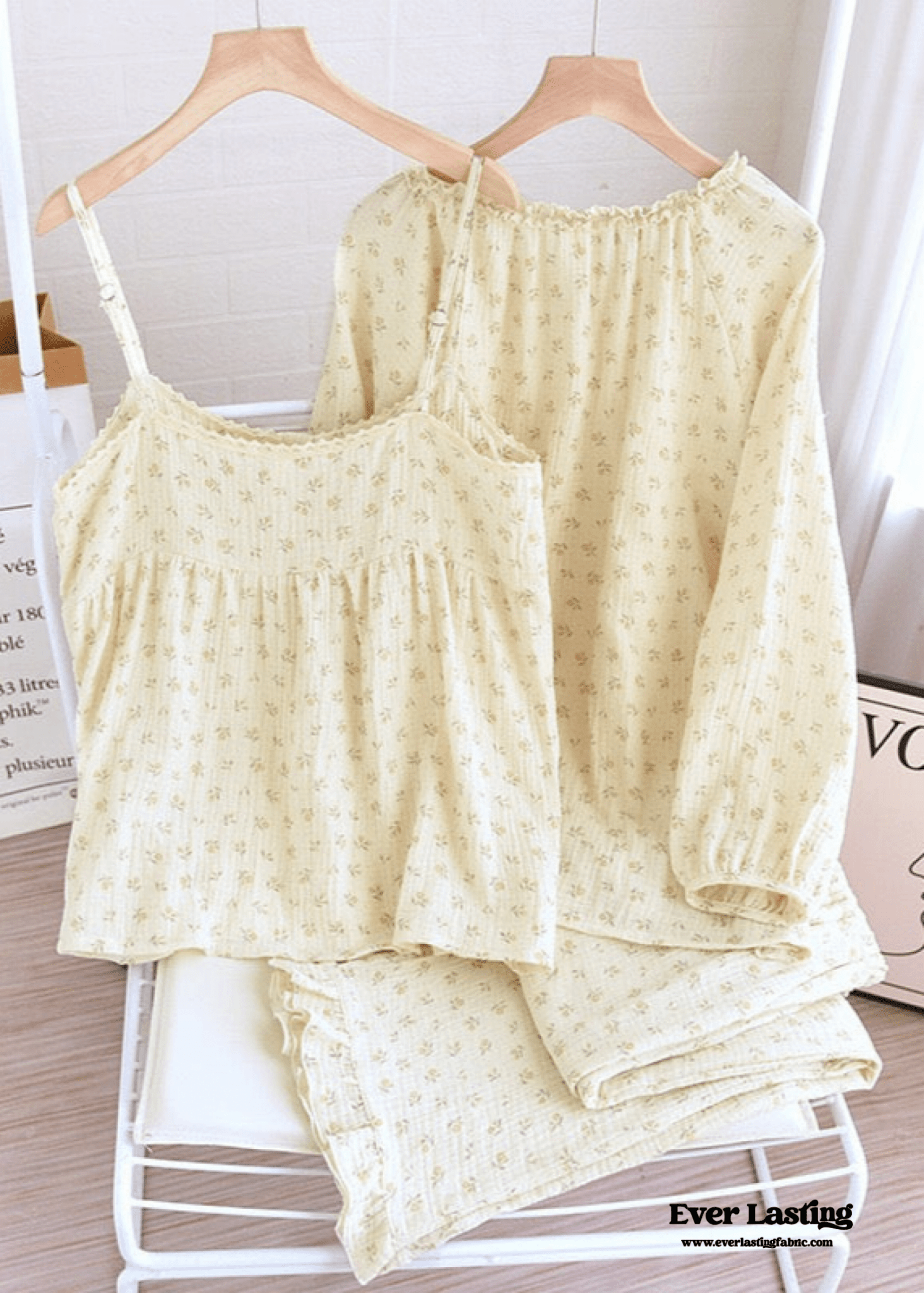 Vintage Floral Tank Cardigan and Long Pants Pajama Set / Yellow