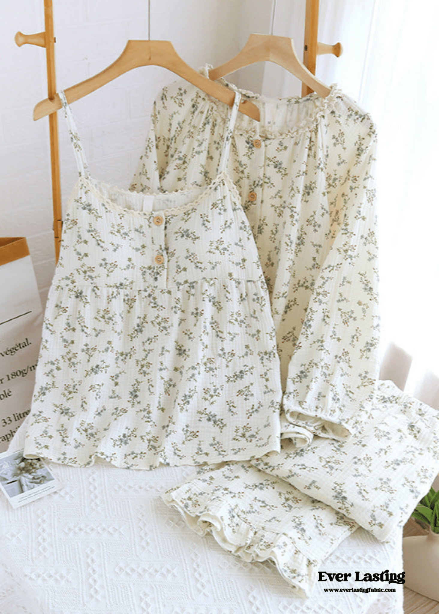 Vintage Floral Tank Cardigan and Long Pants Pajama Set / Yellow