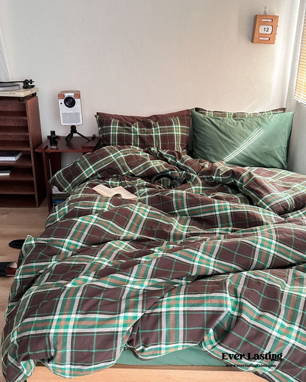 Vintage Plaid Bedding Set / Green & Brown