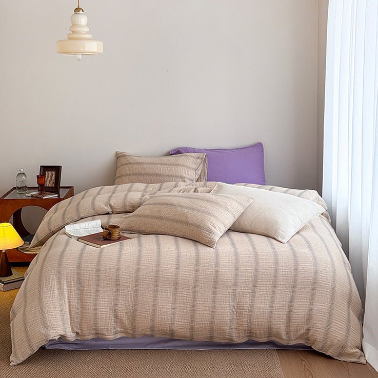 Vintage Striped Washed Cotton Bedding Set / Khaki & Purple