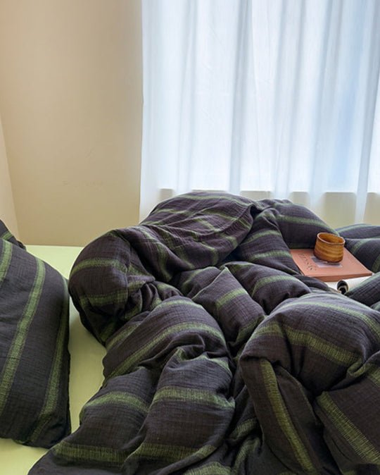 Vintage Striped Washed Cotton Bedding Set / Black & Green