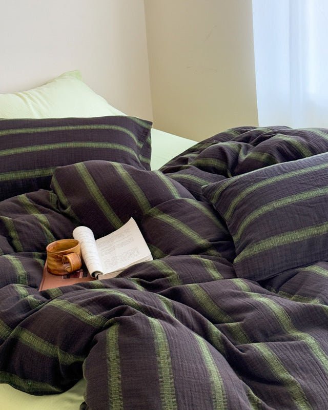 Vintage Striped Washed Cotton Bedding Set / Black & Green