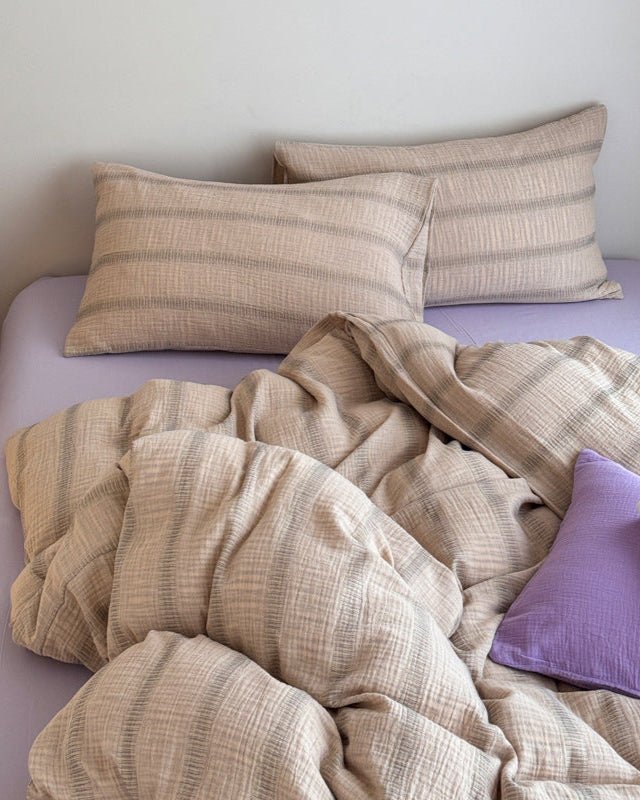 Vintage Striped Washed Cotton Bedding Set / Khaki & Purple