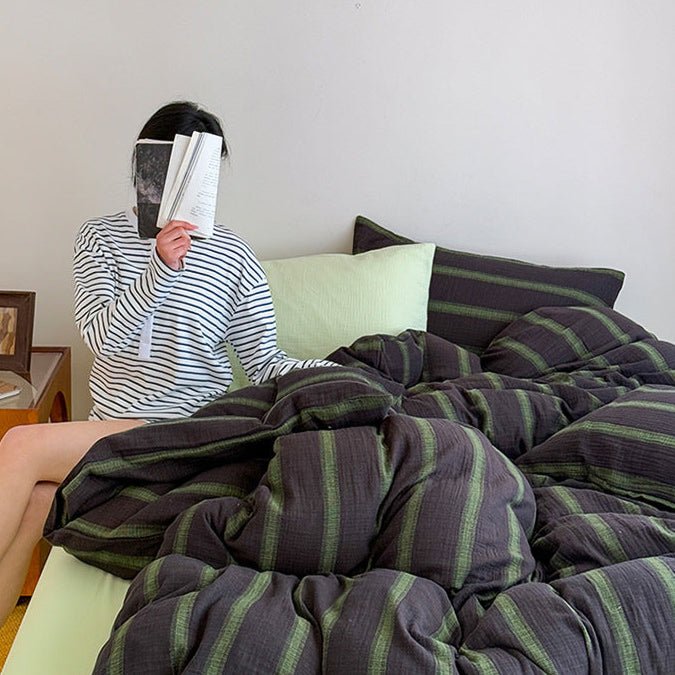Vintage Striped Washed Cotton Bedding Set / Black & Green