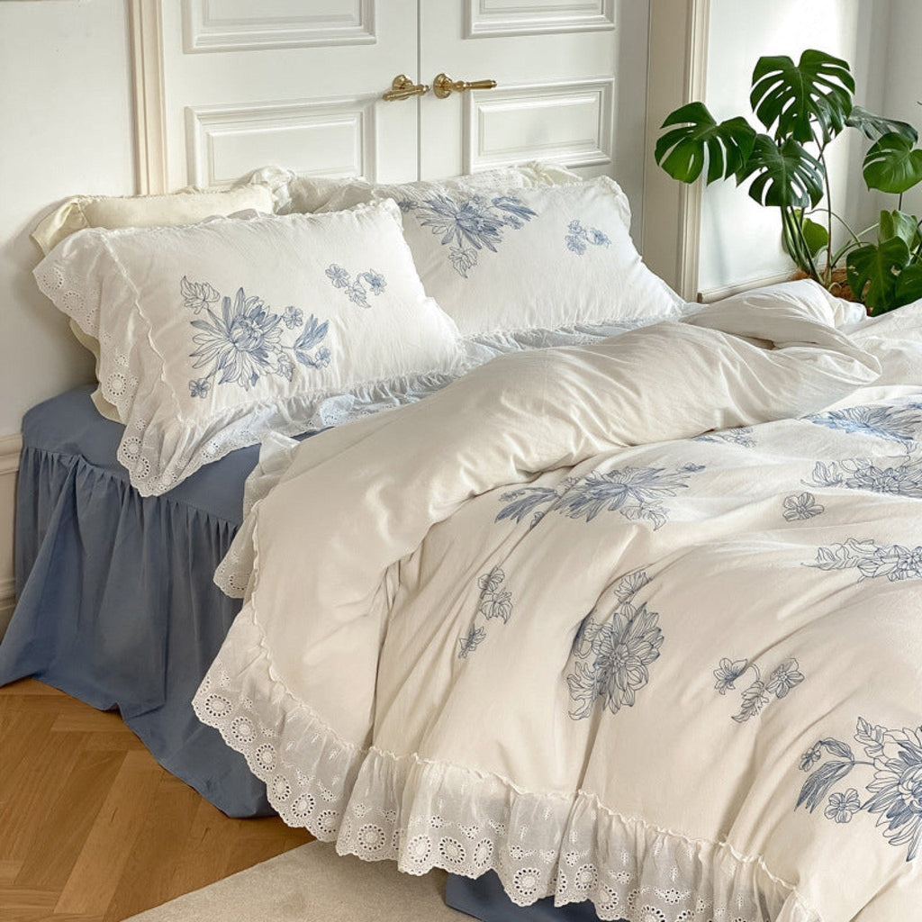 White Cottage Washed Cotton Ruffle Bedding Set