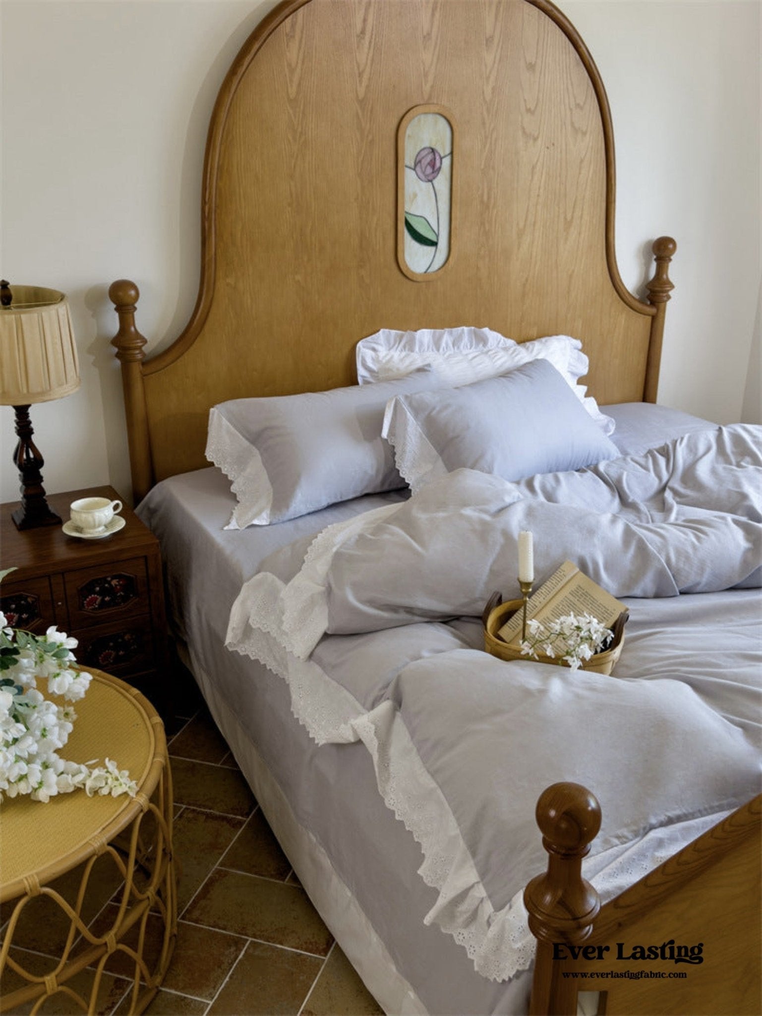 White Ruffle Lace Bedding Set / Yellow