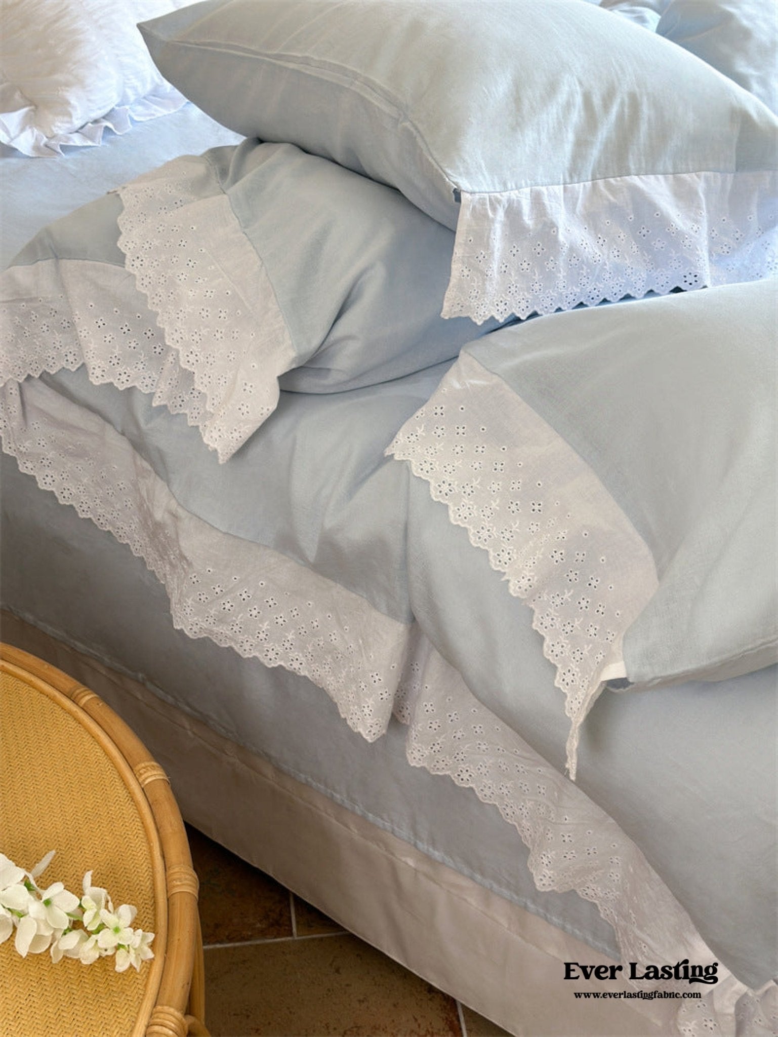 White Ruffle Lace Bedding Set / Yellow