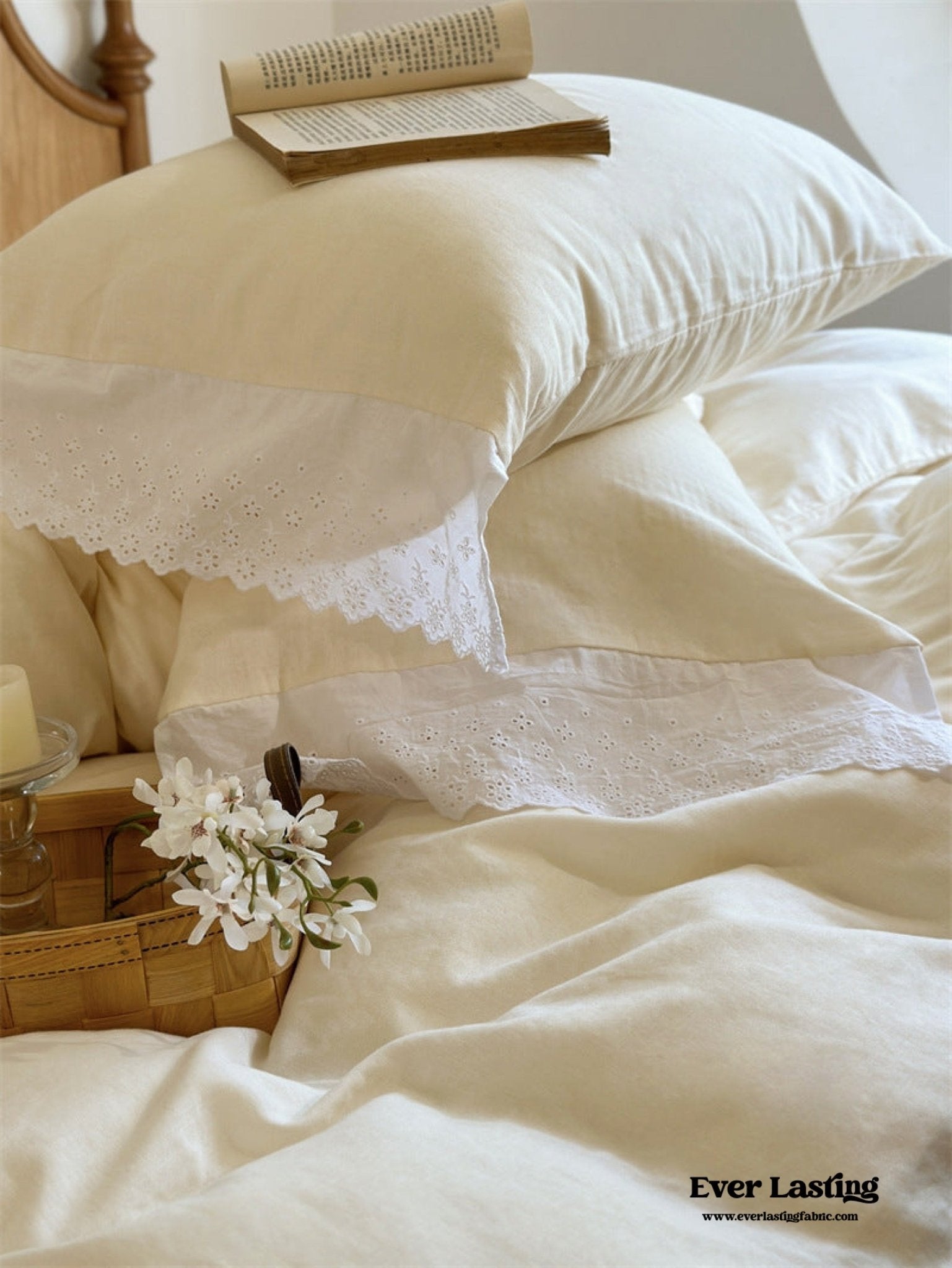 White Ruffle Lace Bedding Set / Yellow