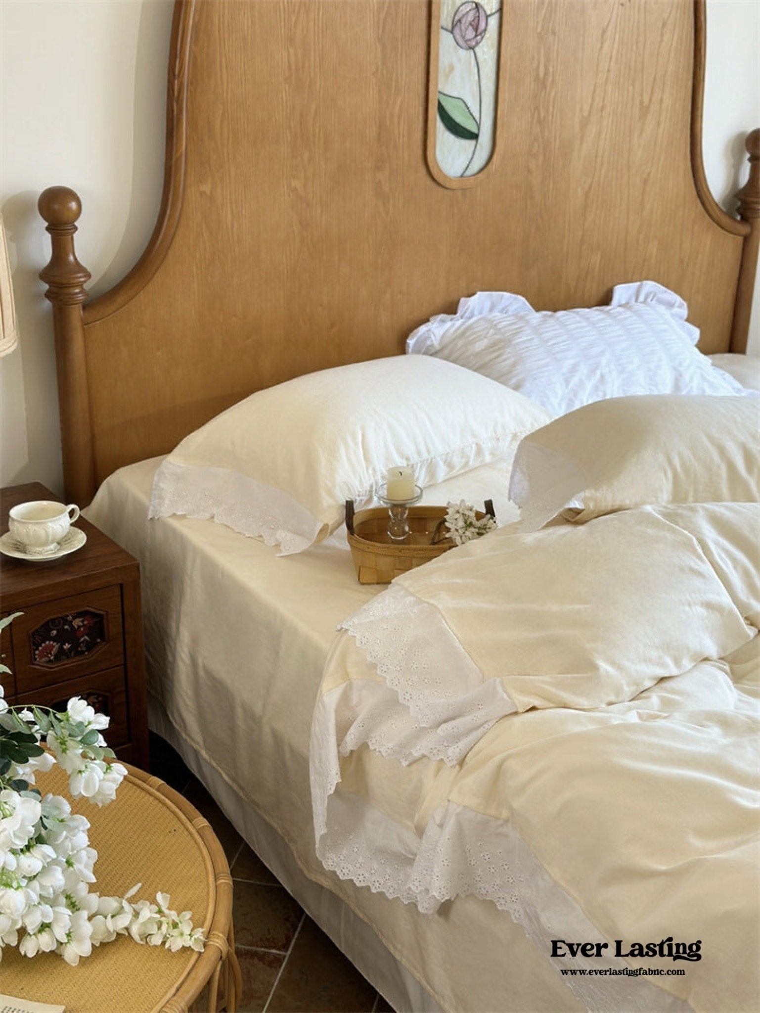 White Ruffle Lace Bedding Set / Yellow